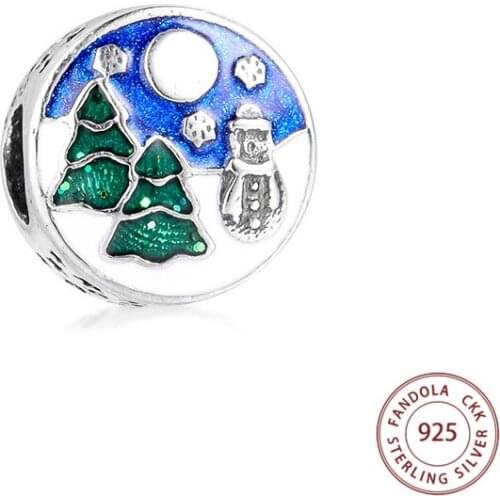 Authentic 925 Sterling Silver Snowy Wonderland Charm, Blue & Green Enamel Beads Fit Original Bracelet DIY Jewelry Making Gift