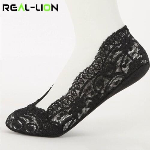 Reallion 1 Pair Summer Women Girl Lace Boat Socks Non-slip Cotton Invisiable Socks Antiskid Slippers Anti-Slip Low Cut Sock