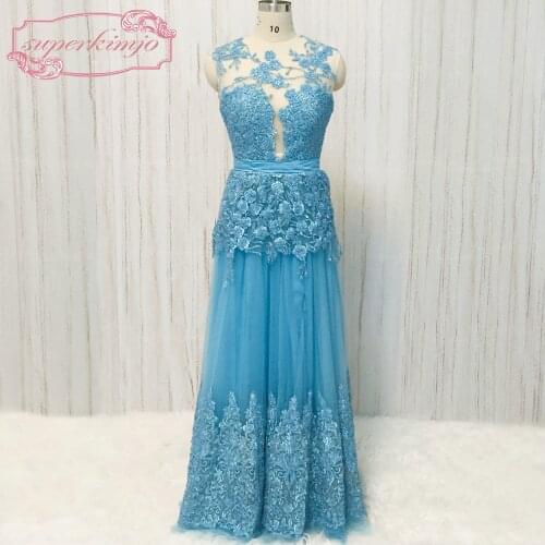 Real picture prom dresses 2020 crew neckline lace beaded pearls a line blue evening dresses beading formal dresses