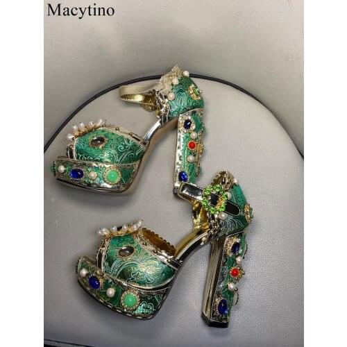 Gemstone Platform Sandals Super High Heel Pearl Decor Luxury Flower Shoes Women Formal Bridal Wedding Sandals