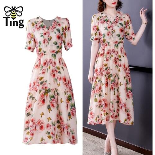 Tingfly Vintage Elegant Rose Floral Pinting Pink Summer Chiffon Dress Ruched V Neck A Line Dress Office Work Vestidos Clothing