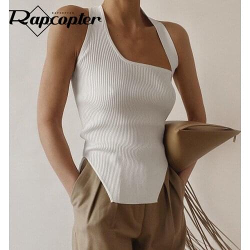 Rapcopter Irregular Crop Top Solid Mini Vest Sleeveless Halter Top Knitted Corset Top Women Casual Streetwear Summer Costume 90s