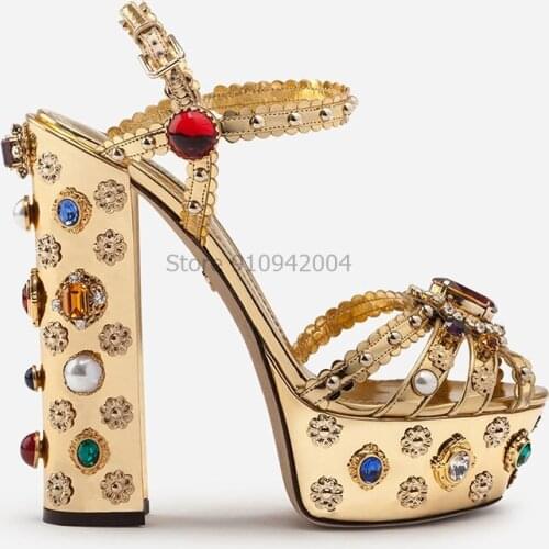 Brand Women Pumps Luxury Crystal Strap High Heels Summer Bride Shoes Beaded 10CM Chunky Heeled Party Wedding Shoes