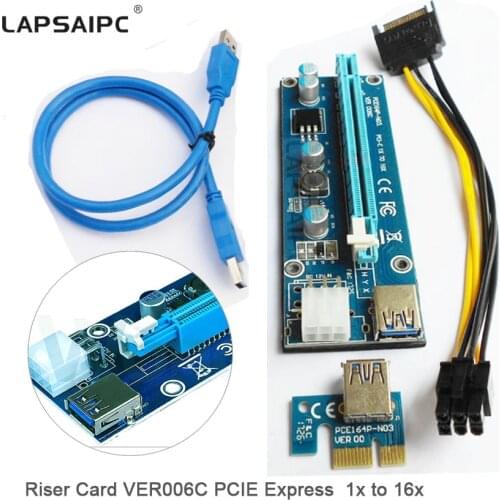 Lapsaipc Brand Blue VER006C PCI-E Riser Card PCIE 1X to 16X Extender USB 3.0 Cable 6Pin Power Cord Supply for BTC LTC ETH Mine