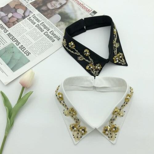 Women Hollow Chiffon Rhinestone Bead Neckline Shawl Embroidery Lace Flower Neck Tie Fake Detachable False Collar Removable Tops