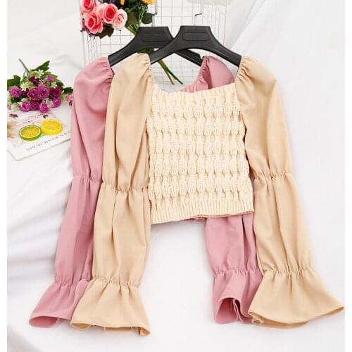 Fashion Retro Square Collar Knitted Chiffon Blouse Splice Clothes Flare Sleeve Wild Slim High Waist Tops Shirt