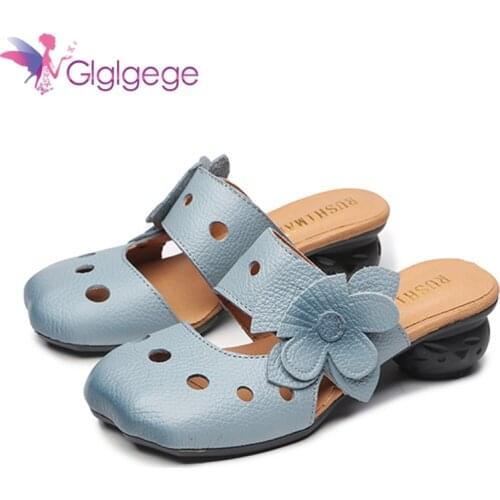 Glglgege 2019 Womens Summer Beach Fashion Pumps Flats close Toe square Heels High Quality Roman Comfort Slippers Women