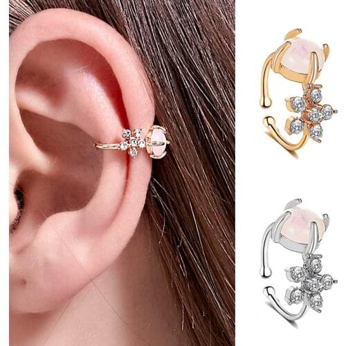 Pink Glazed Beads Starry Bling White Rhinestone Flower Golden Copper Ear Cuff Clip Earrings for Women