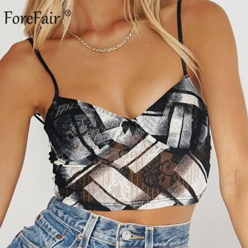 Forefair 2021 Summer Sexy Elegant Lace Y2k Crop Tops With Straps Sleeveless Club Women Black Vest Bodycon Outfit Basic Tank Tops