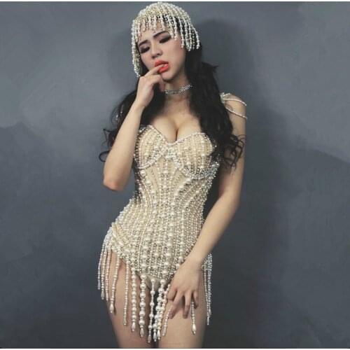 Women Prom Outfit Sparkly Rhinestones Pearls Bodysuit Dance Costume Nightclub Celebrate Party One-Piece Wear Sexy Leotard DJ DS