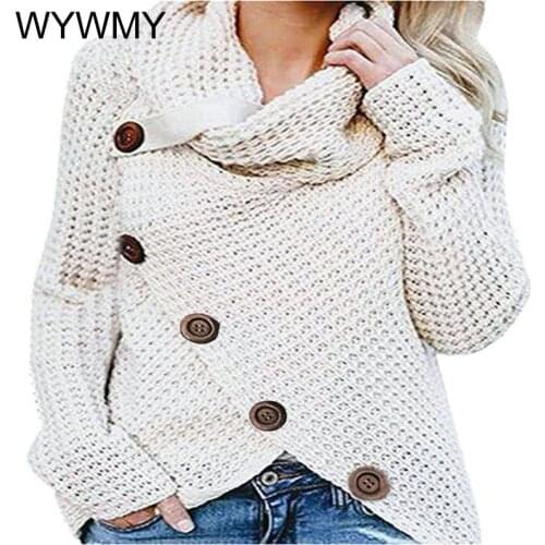 Women Turtleneck Sweater Autumn Causal Loose Buttons Knitted Female Pullover Fashion Irregular Solid Plus Size Jumper Sweaters