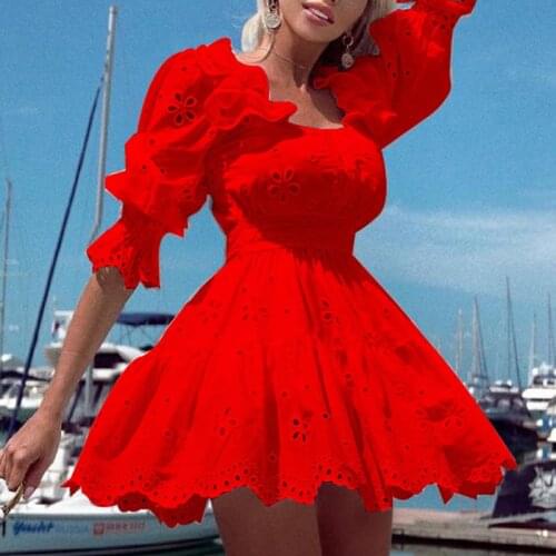 Women Dress Solid Square Collar Hollow Out Ruffles Lace Patchwork Loose Casual Party Dresses