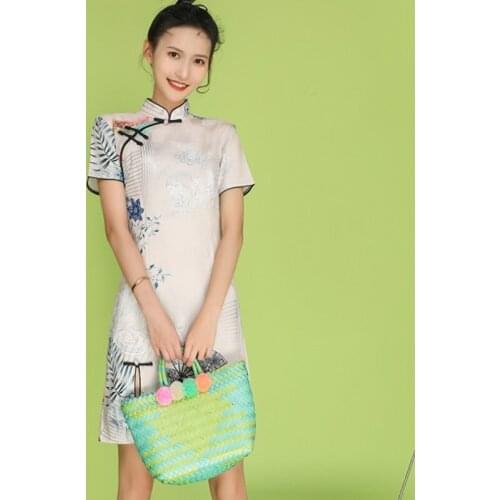 2021 New Vintage Chinese Dress Qipao Traditional Casual Party Women A-Line Dress Short Sleeve Summer Cheongsam Dresses TA2461