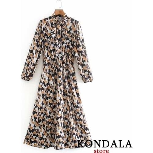 KONDALA Za Women Dress Vintage Leopard Print Bow Sashes A-Line Dress Long Sleeve Elegant Mid-Calf Dress Mujer Vestidos