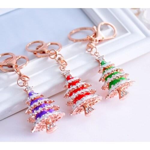 1PC Fashion 3 Colors Optional Metal Christmas Tree Keychain Crystal Rhinestone Car Accessory Gift Bag Pendant Metal Craft MY 005