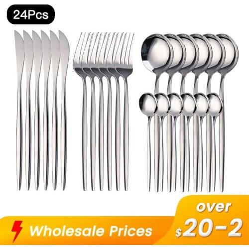 24pcs Silver Dinnerware Set Stainless Steel Cutlery Knife Fork Spoon Dinner Set Tableware Coffee Spoon Dishwasher Flatware Set