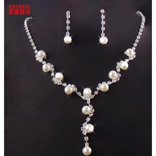 AINAMEISI Wedding Jewelry Sets Crystal Flower Bridal Jewelry Set For Women Heart Charm Choker Necklace Earring Imitation Pearl