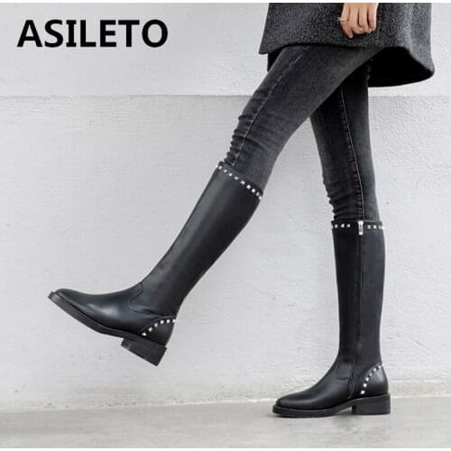 ASILETO Winter Genuine Leather Motorcycle Knee-high boots Round toe Square heels Zip Rivets BIg size 34-42 Black Club Date S2024