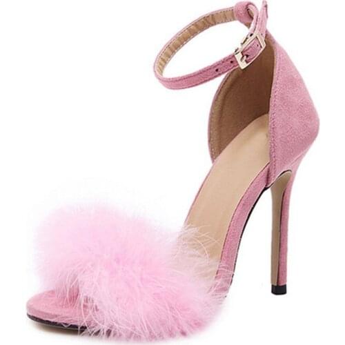 Large Size EU35-43 Fashion Womens Sandals Fur Designed High Heel Sandals for Women Ankle Strap Party Pumps Shoes Woman XKD4185