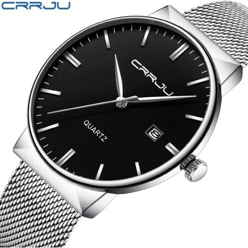 CRRJU Mens Minimalist Watches New Luxury Brand Ultra Thin Watch Men Sports Quartz-Watch Stainless Steel Mesh Strap Date Clock