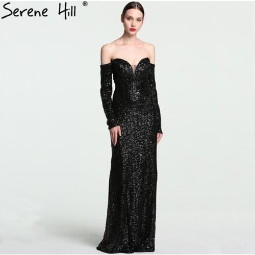 Black Sexy Vintage Off Shoulder Long Sleeves Evening Dresses Beading Sequined Mermaid Evening Gowns 2020 Newest LA6128