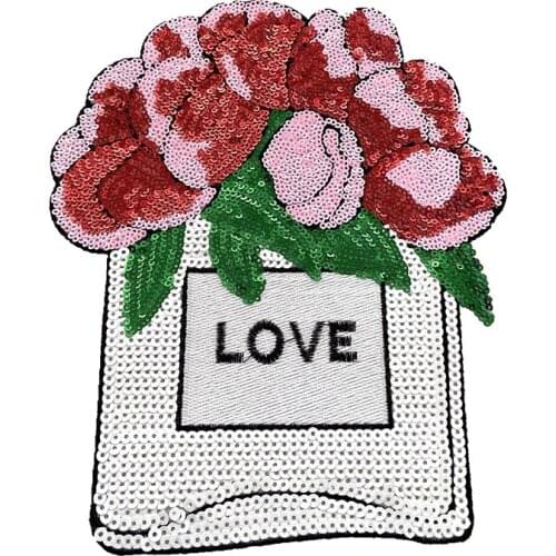 Flower LOVE Perfume Bottle Patches Applique Iron On Floral Embroidery Patch Iron On Embroidery Sequined Patches