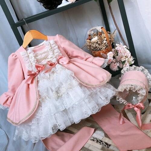 Girl Winter Spring Autumn Wool Pink Long Sleeve Vintage Spanish Lolita Princess Ball Gown Dress for Girl Birthday Eid Casual