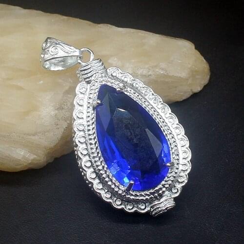 Gemstonefactory Jewelry Big Promotion 925 Silver Royal Teardrop Blue Topaz Women Ladies Mom Gifts Necklace Pendant 20213814