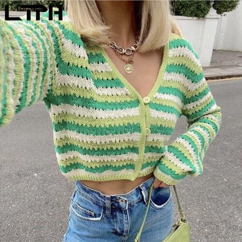 LTPH women sweaters V-neck single breasted long sleeve top green striped short hollow knitted cardigan outwear 2021 autumn new