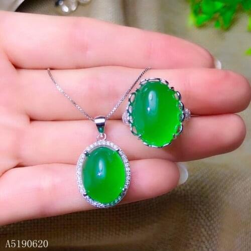 KJJEAXCMY Fine Jewelry 925 sterling silver inlaid natural green chalcedony gemstone female ring necklace pendant set support tes