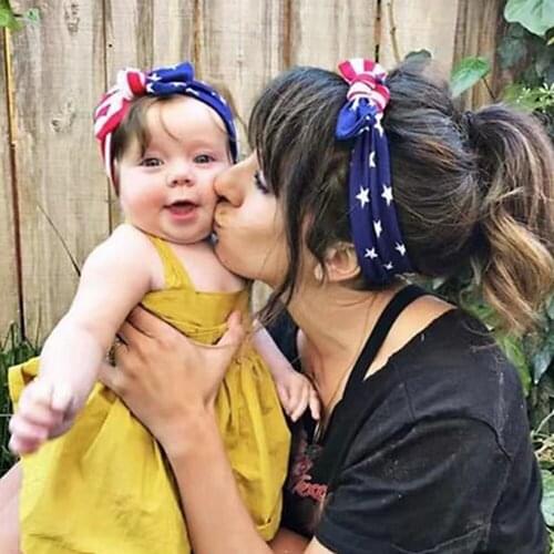 Mom and Baby Fashion Handmade Knotted Print Headband Cute Stars Pattern Bunny Ears Elastic Hairband Striped Headwear Photo Props