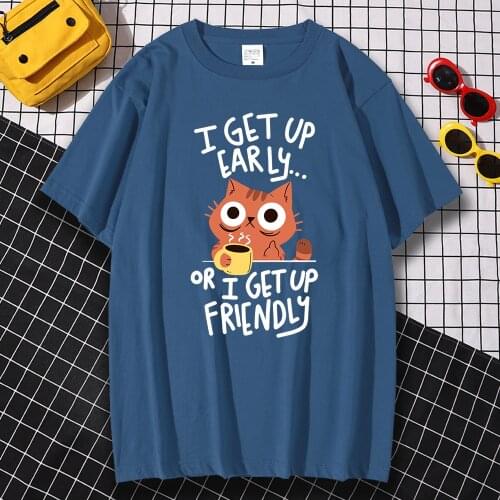 Morning Cat Hip Hop Coffee Cat Printing Mens Clothing Hip Hop Loose T-Shirts Fashion Oversized Loose Summer Male Tshirt New