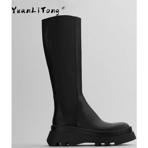2020 New Winter Womens Boots Black Grooved Sole Chimney Boots Flat Leather Boots Knee high boots Brand