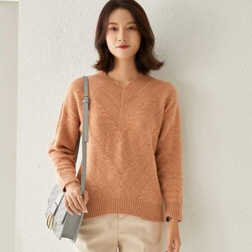 LHZSYY 2020 New Hollow Cashmere Sweater Womens V-Neck Thick Pullover 100%Wool Plus Size Autumn Winter Wild Knit Bottoming Shirt