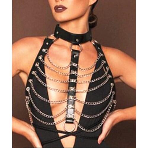 New Unisex Punk faux leather material harness metal chain bustier corset sculpting chest belt leather suspenders braces pants