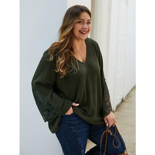 Autumn Womens Clothes Sexy Elegant Pullover Ladies Oversized Sweater Lace Stitching Long Sleeve Jumper Knitted Loose Tops 4XL