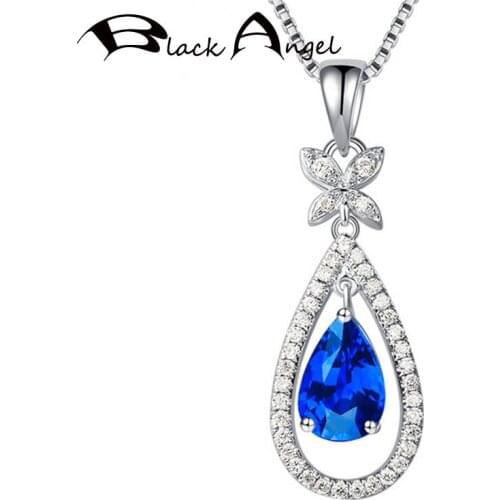 BLACK ANGEL Water Drop Shaped Inset Zircon Sapphire Gemstone Butterfly Pendant Necklace For Women Silver Jewelry Christmas Gift