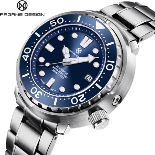 PAGRNE DESIGN Mens Diving Automatic 300M Waterproof Top Brand Sapphire Glass Mechanical Watch Stainless Steel Relogio Masculino