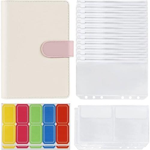 14 Binder Pockets A6 with Leather Binder Sleeve, 6-Ring Budget Binder, with Cash Envelope, Money-Saving Binder