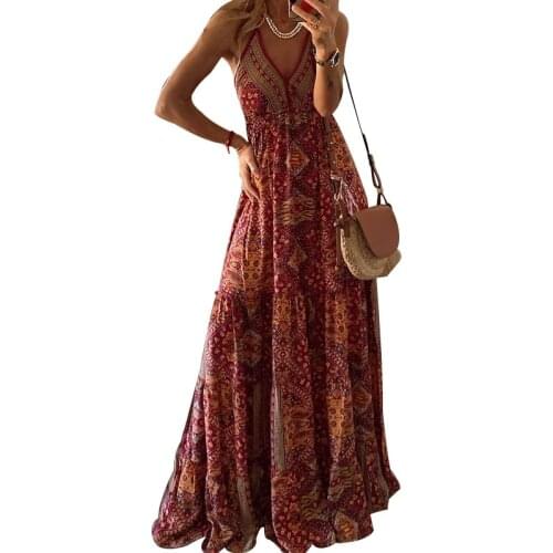 BAMBOOBOY Womens Sexy V Neck Spaghetti Strap Printed Casual Bohemian Holiday A Line Maxi Dress FC945