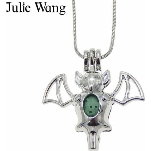 Julie Wang Alloy White K Bat Halloween Women Pendant Pearl Bead Cage Essential Oil Diffuser Locket Necklace Girl Fashion Jewelry