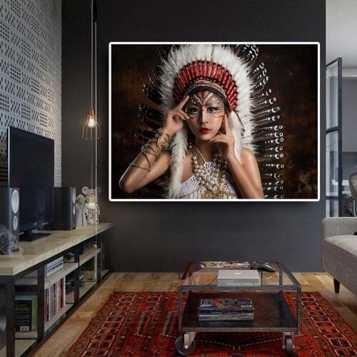 Native Pretty Feather Portrait Oil Painting on Canvas Posters and Prints Scandinavian Wall Art Picture for Living Room