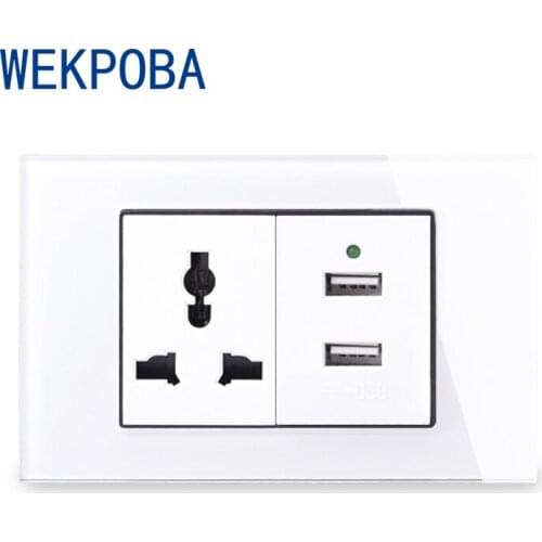 WEKPOBA Tempered Glass Frame Panel Dual 13A 3 4 Hole Wall Socket With 2 USB Fast Charging Port Power Outlet L87-18 Series White