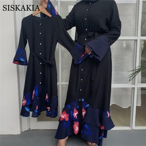 Siskakia Fashion Family Matching Clothing for Mom and Girl Muslim Full Sleeve Maxi Dress Black Floral Patchwork Autumn 2020 New