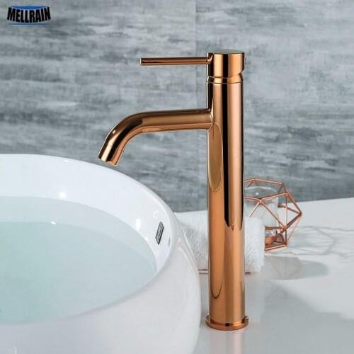 Bathroom Basin Faucet Rose Gold & Black Brass Single Hole Water Mixer Brushed Gold Hot & Cold Mixer Tap