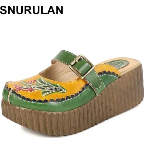 SNURULAN 2021 Wedge Slides Shoes Women Cover Toes Buckle Flower Cut Out Summer Female Genuine Leather Platform Slippers