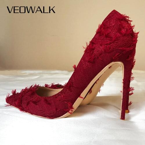 Veowalk Burgundy Women Distressed Tassels Fabric Stilettos High Heels Pointy Toe Pumps Chic Ladies Comfortable Dress Shoes