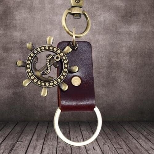 Vintage Cowhide Anchor-Rudder Keychain Pendant Punk Crew Sea Soldier Key Chain Charms Bag Ornaments Car Gift Keyring