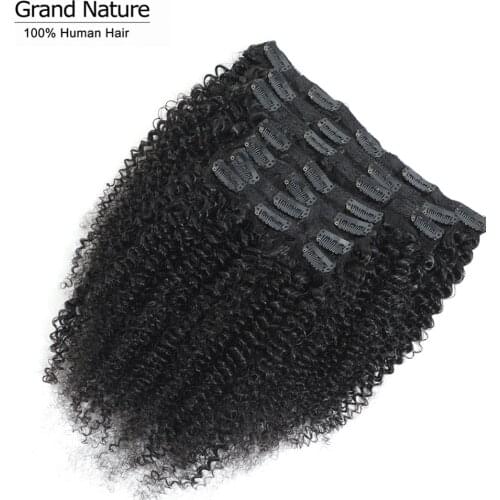 GrandNature Brazilian Kinky Curly Clip In Human Hair Extensions Natural Color 7Pcs/Set 120G Remy Hair 10-22inch 1or 2pcs