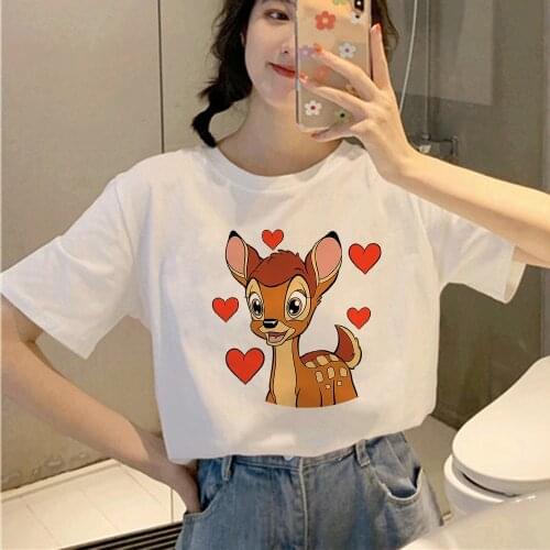 Women White Tshirt Tops Cute White-tailed Deer Disney Bambi Love Hearts T Shirt Girl Fashion Harajuku T-shirt Dropship